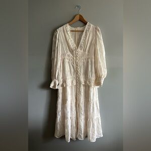 Boho Lace-Detail Cream Midi Dress